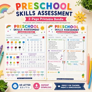 May include: A two-page preschool skills assessment printable bundle on US Letter 8.5 x 11 inch paper. The documents feature colorful headers, checklists for color, shape, number, and letter recognition, plus sections for academic and school readiness tracking.