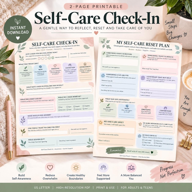 Self Care Check-in Worksheet Reset Plan Printable for Adults and Teens ...