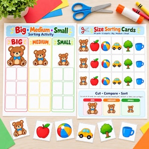Op de afbeelding: Een printbaar educatief sorteerwerkblad met Big, Medium en Small categorieën en teddybeerillustraties. Bevat een vel met 18 uitknipkaarten met afbeeldingen van beren, appels, ballen, auto's, bomen en mokken voor het oefenen van sorteren.