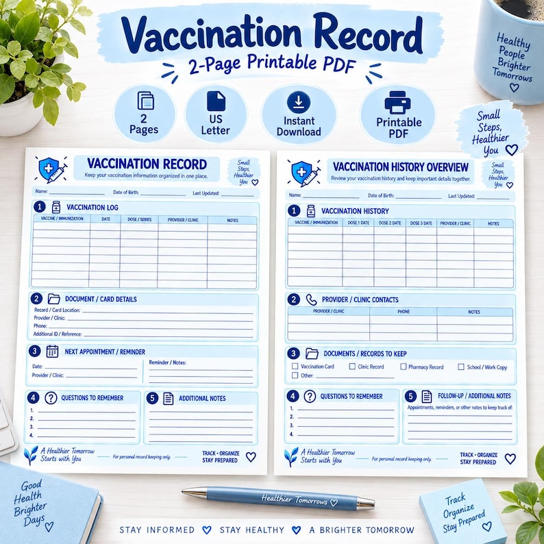 Vaccination Record Printable Immunization History & Vaccine Log PDF ...