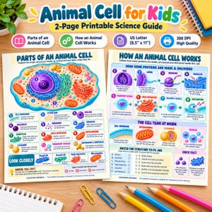 May include: A two-page printable science guide titled Animal Cell for Kids, featuring a detailed diagram of an animal cell with numbered parts and a second page explaining how proteins are made and delivered, sized at 8.5 inches by 11 inches.