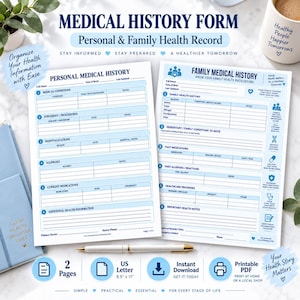 Op de afbeelding: Een medische geschiedenisformulierenset van twee pagina's met een persoonlijk en familiegezondheidsdossier. De documenten zijn gedrukt op wit papier met lichtblauwe koppen en secties voor medische aandoeningen, operaties en medicatie.