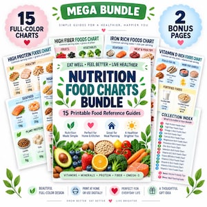 May include: A nutrition food charts bundle featuring 15 printable reference guides with full-color illustrations of various foods, including avocado, berries, broccoli, and carrots, alongside text detailing vitamins, minerals, protein, and fiber.