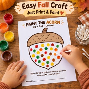 Könnte beinhalten: Ein weißes Arbeitsblatt mit der Überschrift Paint the Acorn und einem braunen Eichelumriss, der mit roten, orangen, gelben, grünen und braunen Farbpunkten gefüllt ist. Das Blatt enthält Anweisungen, ein Wattestäbchen in Farbe zu tauchen.