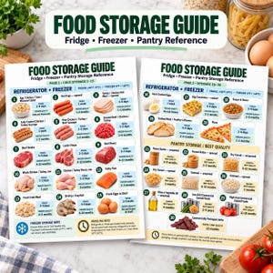 May include: Two white rectangular food storage guide charts with dark green headers and text. The charts feature numbered lists with illustrations of various food items, including meat, eggs, and pantry staples, detailing recommended fridge, freezer, and pantry storage times.