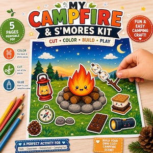 Może przedstawiać: Zestaw My Campfire & S'mores Kit w formacie PDF do druku z ilustrowaną sceną ogniska i elementami do wycięcia, takimi jak latarnia, kompas, szyszka, s'mores, czekolada i latarka. Tekst na obrazku to Cut, Color, Build, Play.