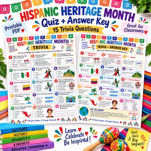 Puede incluir: Un cuestionario imprimible sobre el Mes de la Herencia Hispana con 15 preguntas y su hoja de respuestas. El documento incluye gráficos coloridos, texto e ilustraciones de banderas, mapas e iconos culturales en dos hojas blancas.