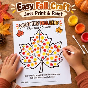以下が含まれることがあります： 「Paint the Fall Leaf」と題された白いアクティビティシート。大きなカエデの葉の黒い輪郭が描かれています。葉は赤、オレンジ、黄色の絵の具の点で装飾されています。シートには、カラフルな点で装飾するための手順が記載されています。