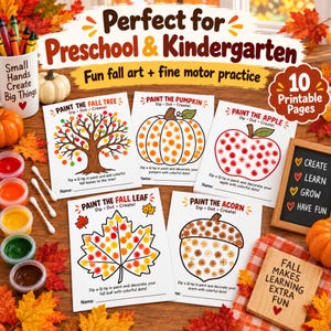 May include: A set of 10 printable activity pages for preschool and kindergarten featuring fall themes like a tree, pumpkin, apple, leaf, and acorn. The pages include text prompts for dot painting with Q-tips, accompanied by paint pots and cotton swabs.