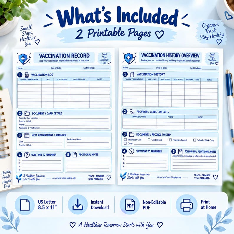 Vaccination Record Printable Immunization History & Vaccine Log PDF ...