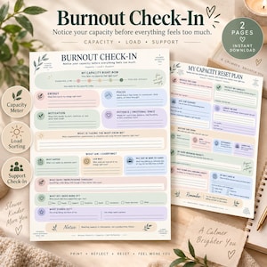 Può includere: Un set di due fogli di lavoro stampabili Burnout Check-In con sezioni color pastello per monitorare energia, motivazione e capacità. I documenti includono suggerimenti come My Capacity Right Now e My Capacity Reset Plan con caselle di controllo e righe per scrivere riflessioni personali sul carico mentale e sulle esigenze di supporto.