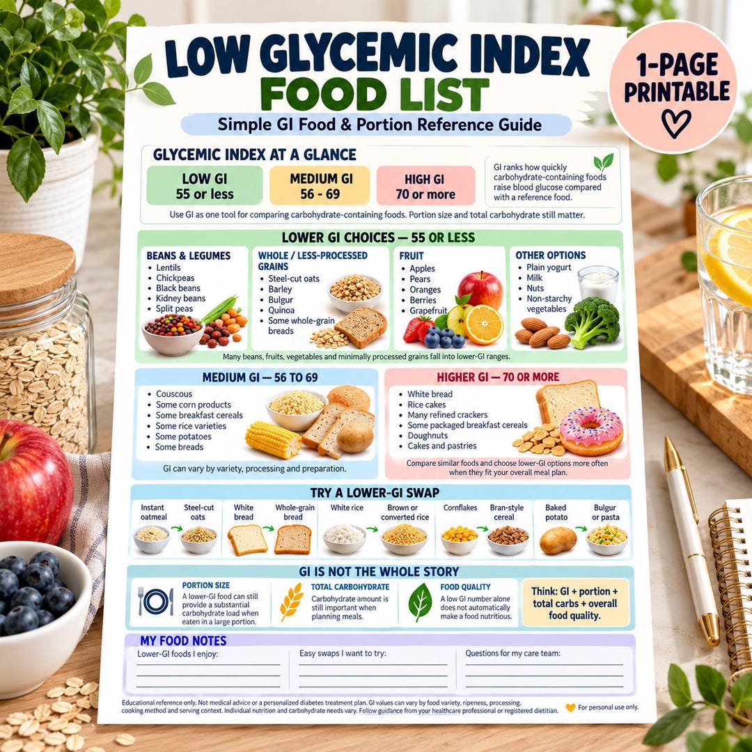 Low Glycemic Index Food List Printable: GI Food Chart & Portion Guide ...