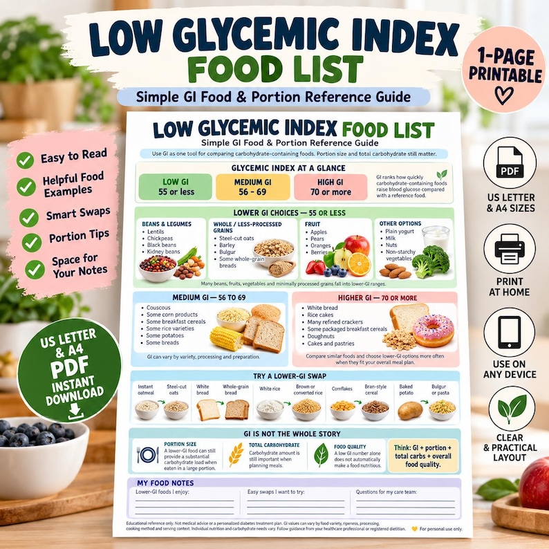 Low Glycemic Index Food List Printable: GI Food Chart & Portion Guide ...