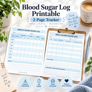 Pode incluir: Um registo de glicemia imprimível de duas páginas com um rastreador semanal e um diário numa prancheta. As páginas incluem colunas para jejum, refeições e medicação. Texto: Blood Sugar Log Printable, 2-Page Tracker.