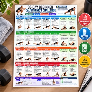 May include: A 30-day beginner calisthenics challenge workout chart printed on white paper. The document features a structured grid with daily exercise routines, illustrations of bodyweight movements, and instructions for a 15-25 minute daily routine.