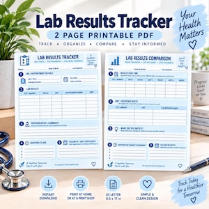 May include: A two-page printable Lab Results Tracker PDF set in white and blue. The first page includes sections for appointment details, lab results, provider notes, and follow-up steps. The second page features a lab results comparison chart.