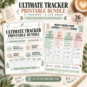 Könnte beinhalten: Ein druckbares Tracker-Paket mit 14 Trackern auf 26 Seiten, unterteilt in vier Kategorien: Fokus und Produktivität, gesunde Gewohnheiten, Haushalt und Finanzen sowie Lesen und Reflexion. Die Dokumente sind für US-Letter-Format 8,5 x 11 Zoll.