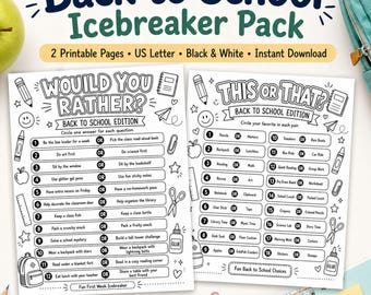 May include: A Back to School Icebreaker Pack featuring two printable pages in black and white. The sheets include Would You Rather and This or That games with school-themed graphics like pencils, scissors, and glue, designed for US Letter size paper.