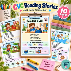 Könnte beinhalten: Ein Set von CVC-Lesegeschichten auf einem Klemmbrett und losen Blättern mit farbenfrohen Illustrationen von Kindern und Tieren. Die Seiten enthalten kurze Sätze, Übungswörter und Verständnisfragen. Ein rosa Haftnotizzettel trägt die Aufschrift Read Learn Grow.