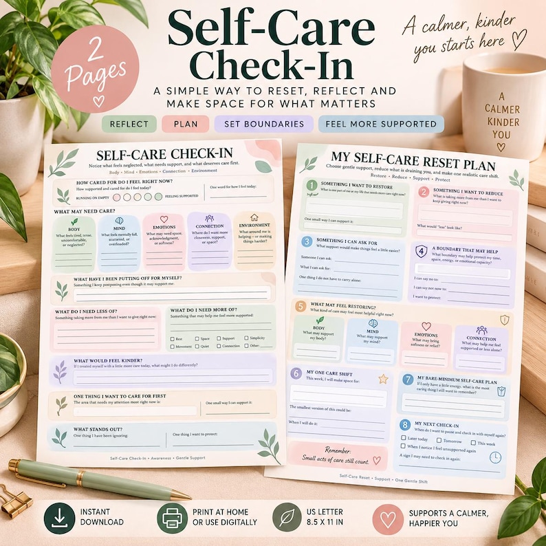 Self Care Check-in Worksheet Reset Plan Printable for Adults and Teens ...