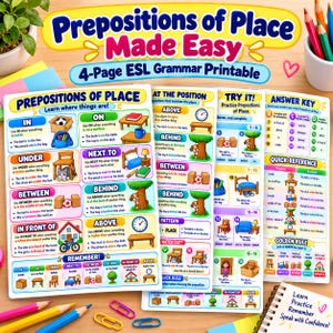 May include: A four-page educational grammar printable titled Prepositions of Place Made Easy. The pages feature colorful illustrations, definitions, and practice exercises for learning prepositions like in, on, under, next to, behind, between, and above.