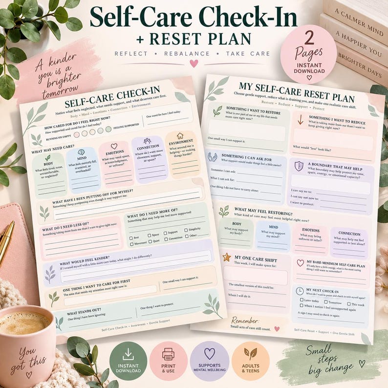 Self Care Check-in Worksheet Reset Plan Printable for Adults and Teens ...