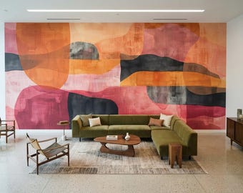 Abstract Terracotta Peel and Stick Wallpaper, Mid Century Modern Mural, Earthy Textured Wall Decor