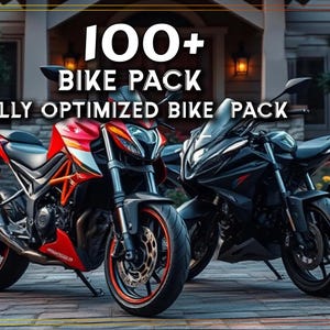 May include: Two motorcycles, one red and one black, parked on a paved surface. The text 100+ BIKE PACK FULLY OPTIMIZED BIKE PACK is displayed in white letters above the motorcycles. The bikes feature detailed fairings, wheels, and headlights.