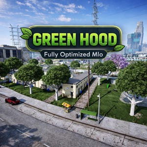 Könnte beinhalten: Eine digitale Darstellung einer Wohngegend mit dem Text GREEN HOOD Fully Optimized Mlo. Die Ansicht zeigt Gebäude mit mehreren Wohneinheiten, grüne Rasenflächen mit Bäumen, einen roten Pickup, einen kleinen Imbissstand und eine Bushaltestelle.