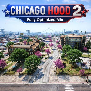 Könnte beinhalten: Eine digitale Grafik mit dem Text CHICAGO HOOD 2 Fully Optimized Mlo oben. Darunter befindet sich eine Ansicht aus der Vogelperspektive auf ein Viertel mit mehrstöckigen Gebäuden, grünen Bäumen, rosa blühenden Büschen, einer kurvigen Straße und einer Brücke.