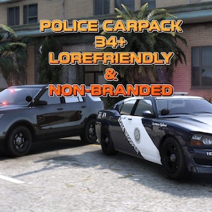 May include: A digital display featuring two police vehicles, a black SUV and a dark blue and white sedan, with red and blue emergency lights activated. The text POLICE CARPACK 34+ LOREFRIENDLY & NON-BRANDED is overlaid in orange and black lettering.