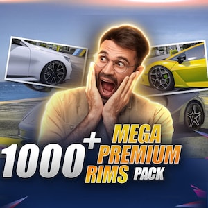 Op de afbeelding: Een digitale afbeelding met een persoon met een bril en een enthousiaste uitdrukking, omringd door beelden van een witte en een gele auto met gedetailleerde velgen. De tekst luidt 1000+ MEGA PREMIUM RIMS PACK in vet wit en geel.
