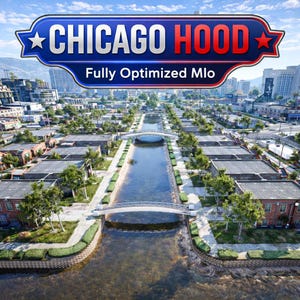 Könnte beinhalten: Eine digitale Grafik mit dem Text CHICAGO HOOD und Fully Optimized Mlo über einer Luftaufnahme eines Kanals, der durch ein Wohnviertel mit Backsteingebäuden, grünen Bäumen und zwei gewölbten Fußgängerbrücken verläuft.