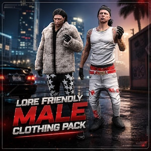 Può includere: Un'illustrazione digitale di due figure che indossano abiti tra cui una giacca in ecopelliccia beige, pantaloni neri con motivi a stelle bianche, una canotta bianca a coste e jeans chiari con accenti rossi in stile bandana. Testo LORE FRIENDLY MALE CLOTHING PACK.