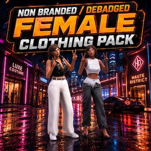 Puede incluir: Un paquete de ropa digital con dos figuras en un entorno urbano. El texto dice NON BRANDED / DEBADGED FEMALE CLOTHING PACK. Una figura viste un chaleco negro y pantalones blancos, mientras que la otra lleva un top corto blanco y vaqueros gris oscuro.