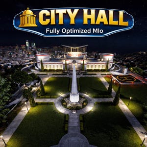Könnte beinhalten: Eine digitale Darstellung eines Rathauses bei Nacht mit einem zentralen Obelisken, gepflegten Rasenflächen und einem Hubschrauberlandeplatz. Der Text CITY HALL Fully Optimized Mlo steht in einem blau-goldenen Banner oben.