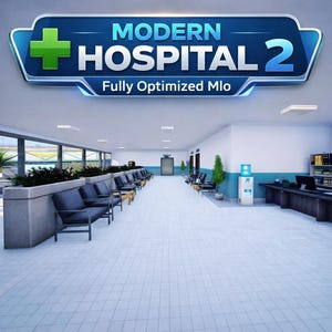 Könnte beinhalten: Eine digitale Darstellung eines Krankenhaus-Warteraums mit Reihen dunkelgrauer Stühle, einem weiß gefliesten Boden, einem blauen Wasserspender und einem Empfangstresen. Ein großes blau-weißes Schild oben zeigt Modern Hospital 2 Fully Optimized Mlo.