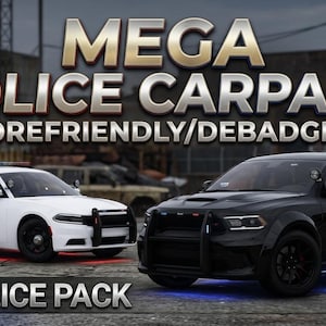 May include: A digital graphic featuring a white sheriff sedan and a black state trooper SUV. The text reads MEGA POLICE CARPACK LOREFRIENDLY/DEBADGED and POLICE PACK. A red and blue emergency light bar is visible in the lower left corner of the image.