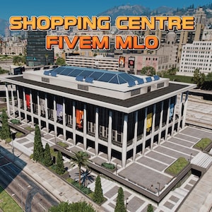 May include: A digital rendering of a multi-story shopping center building with a flat roof, a central glass skylight, and vertical white pillars. The exterior features dark walls with colorful vertical banners and a surrounding paved plaza area.