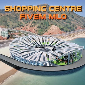 Könnte beinhalten: Eine digitale architektonische Darstellung eines kreisförmigen Einkaufszentrums mit einem weißen, gerippten, blütenblattartigen Dach, das sich an einem Küstenstrand befindet. Der Text SHOPPING CENTRE FIVEM MLO steht oben in Orange und Schwarz.