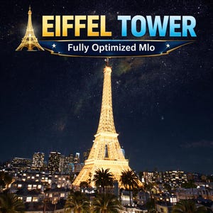 Könnte beinhalten: Eine digitale Grafik mit dem beleuchteten Eiffelturm bei Nacht vor einem Sternenhimmel, mit dem Text "EIFFEL TOWER" in großen blauen und gelben Buchstaben über einem Banner, das den weißen Schriftzug "Fully Optimized Mlo" trägt.