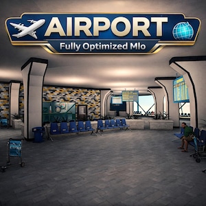 May include: A digital interior rendering of an airport terminal featuring rows of blue seating, white support pillars, and a patterned wall. A large sign at the top displays the text AIRPORT Fully Optimized Mlo with a white airplane and globe icon.