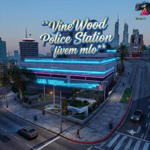 May include: A digital rendering of the Vinewood Police Station building featuring bright blue neon lighting accents, a flat roof, and the text L.S.P.D. VINEWOOD displayed on the facade. The image includes the text Vine Wood Police Station fivem mlo.