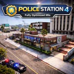 Könnte beinhalten: Eine digitale Darstellung eines Polizeireviers aus Backstein mit Flachdach, Palmen und Hubschrauberlandeplatz. Der Text POLICE STATION 4 Fully Optimized Mlo steht oben. Ein schwarzes Polizeiauto mit blauem und rotem Blaulicht steht auf der Straße.