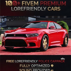 Puede incluir: Un coche deportivo de color rojo brillante con llantas doradas aparece en este gráfico digital. El texto dice 100+ FIVEM PREMIUM LOREFRIENDLY CARS en la parte superior y FREE LOREFRIENDLY POLICE CARPACK, FULLY OPTIMIZED y SOUND PROVIDED abajo.