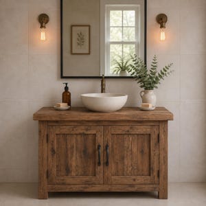Puede incluir: Un mueble de baño de madera rústica con dos puertas y tiradores negros, coronado con un lavabo de piedra redondo, un dispensador de jabón, dos pastillas de jabón en platos y un jarrón de cerámica con ramas de eucalipto verdes.