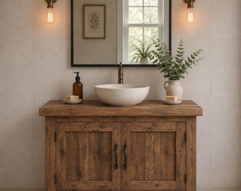 Mobile bagno rustico in legno con lavabo a ciotola, mobiletto da bagno in legno massello stile rustico