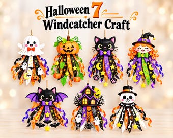 May include: Seven Halloween windcatcher crafts featuring hanging decorations of a ghost, pumpkin, black cat, witch, bat, haunted house, and skeleton. Each ornament has colorful ribbons with patterns of stars, moons, and bats, suspended by gold strings.