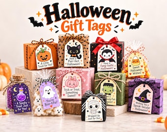 May include: A collection of Halloween gift tags featuring illustrations of a pumpkin, black cat, vampire, candy corn, potion bottle, ghost, pink pumpkin, Frankenstein monster, mummy, and witch hat, each with festive text and attached to various gift boxes.