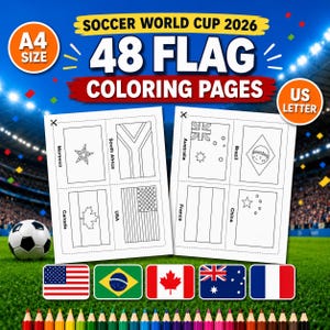 Puede incluir: Una colección digital de 48 páginas para colorear banderas de la Copa Mundial de Fútbol 2026 en tamaños A4 y US Letter. Las hojas muestran banderas en contorno de países como Marruecos, Sudáfrica, Canadá, EE. UU., Australia, Brasil, Francia y China.